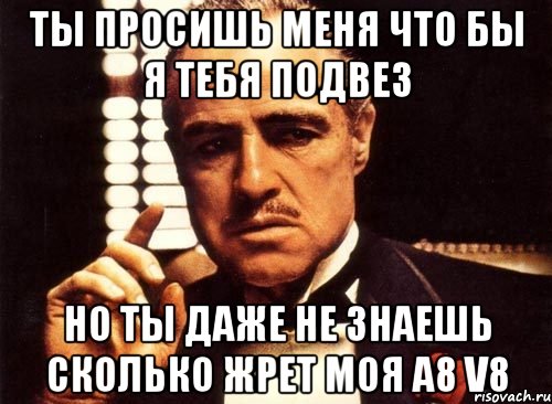 ты просишь меня что бы я тебя подвез но ты даже не знаешь сколько жрет моя A8 V8, Мем крестный отец