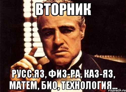 Вторник Русс.яз, Физ-ра, Каз-яз, Матем, Био, технология..., Мем крестный отец