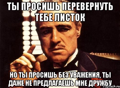 Ты просишь перевернуть тебе листок Но ты просишь без уважения, ты даже не предлагаешь мне дружбу, Мем крестный отец