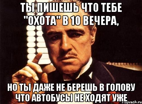 ТЫ ПИШЕШЬ ЧТО ТЕБЕ "ОХОТА" В 10 ВЕЧЕРА, НО ТЫ ДАЖЕ НЕ БЕРЕШЬ В ГОЛОВУ ЧТО АВТОБУСЫ НЕ ХОДЯТ УЖЕ, Мем крестный отец