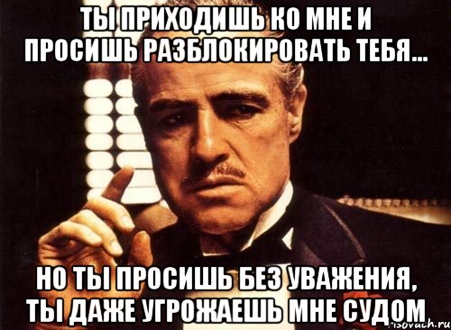 ты приходишь ко мне и просишь разблокировать тебя... но ты просишь без уважения, ты даже угрожаешь мне судом, Мем крестный отец