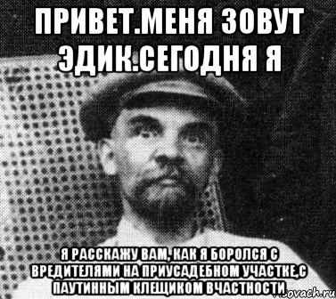 ПРИВЕТ.МЕНЯ ЗОВУТ ЭДИК.СЕГОДНЯ Я Я РАССКАЖУ ВАМ, КАК Я БОРОЛСЯ С ВРЕДИТЕЛЯМИ НА ПРИУСАДЕБНОМ УЧАСТКЕ,С ПАУТИННЫМ КЛЕЩИКОМ ВЧАСТНОСТИ, Мем   Ленин удивлен