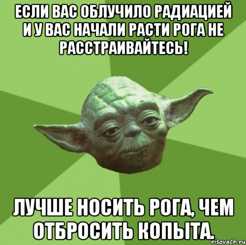 Если вас облучило радиацией и у вас начали расти рога не расстраивайтесь! Лучше носить рога, чем отбросить копыта., Мем Мастер Йода