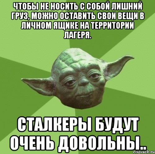 Чтобы не носить с собой лишний груз, можно оставить свои вещи в личном ящике на территории лагеря. Сталкеры будут очень довольны.., Мем Мастер Йода