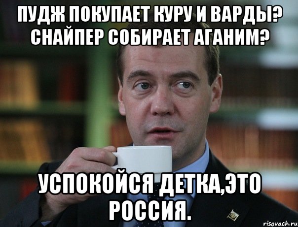 Пудж покупает куру и варды? Снайпер собирает аганим? Успокойся детка,это Россия., Мем Медведев спок бро