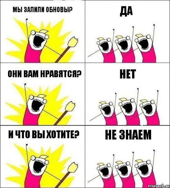 Мы залили обновы? Да Они вам нравятся? Нет И что вы хотите? Не знаем, Комикс кто мы