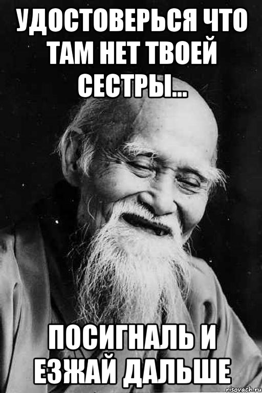 удостоверься что там нет твоей сестры... ПОСИГНАЛЬ И ЕЗЖАЙ ДАЛЬШЕ, Мем мудрец улыбается