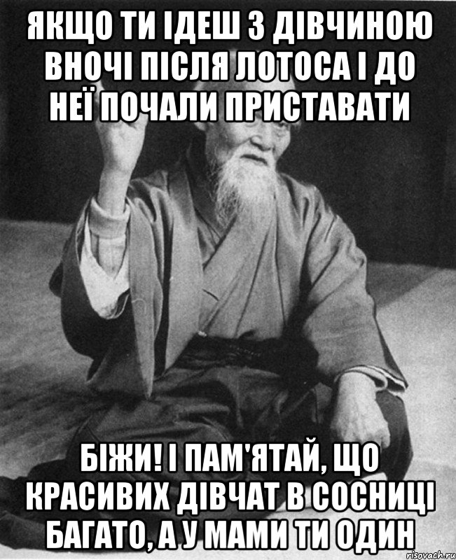 ЯКЩО ТИ ІДЕШ З ДІВЧИНОЮ ВНОЧІ ПІСЛЯ ЛОТОСА І ДО НЕЇ ПОЧАЛИ ПРИСТАВАТИ БІЖИ! І ПАМ'ЯТАЙ, ЩО КРАСИВИХ ДІВЧАТ В СОСНИЦІ БАГАТО, А У МАМИ ТИ ОДИН, Мем Монах-мудрец (сэнсей)