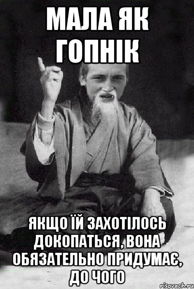 мала як гопнік якщо їй захотілось докопаться, вона обязательно придумає, до чого, Мем Мудрий паца