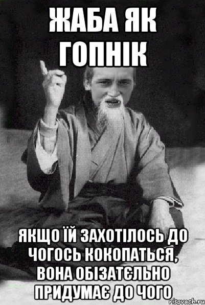 Жаба як гопнік якщо їй захотілось до чогось кокопаться, вона обізатєльно придумає до чого, Мем Мудрий паца