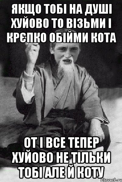 якщо тобі на душі хуйово то візьми і крєпко обійми кота от і все тепер хуйово не тільки тобі але й коту, Мем Мудрий паца