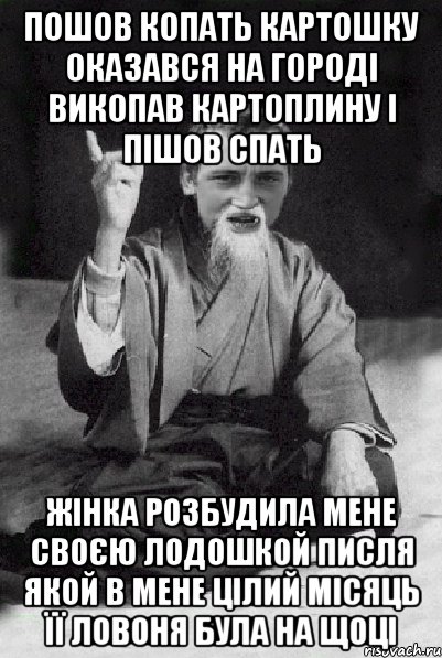 пошов копать картошку оказався на городі викопав картоплину і пішов спать жінка розбудила мене своєю лодошкой писля якой в мене цілий місяць її ловоня була на щоці, Мем Мудрий паца