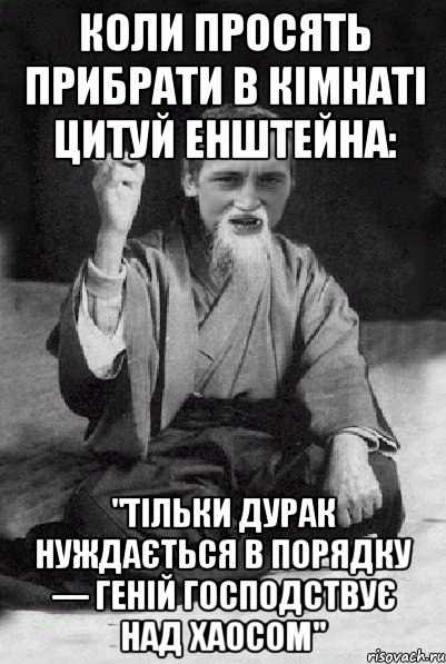 Коли просять прибрати в кімнаті цитуй Енштейна: "Тільки дурак нуждається в порядку — геній господствує над хаосом", Мем Мудрий паца