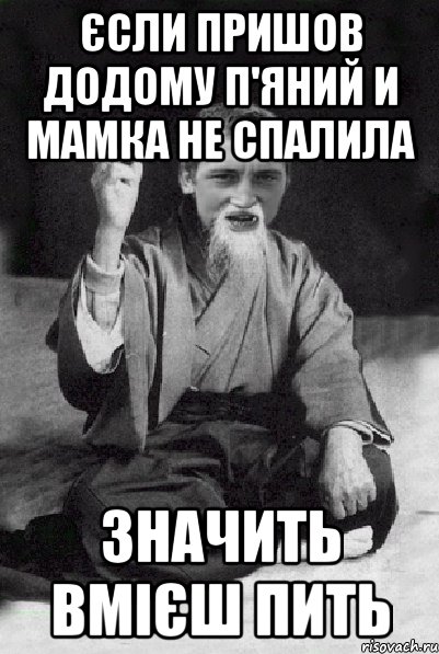 ЄСЛИ ПРИШОВ ДОДОМУ П'ЯНИЙ И МАМКА НЕ СПАЛИЛА ЗНАЧИТЬ ВМІЄШ ПИТЬ, Мем Мудрий паца