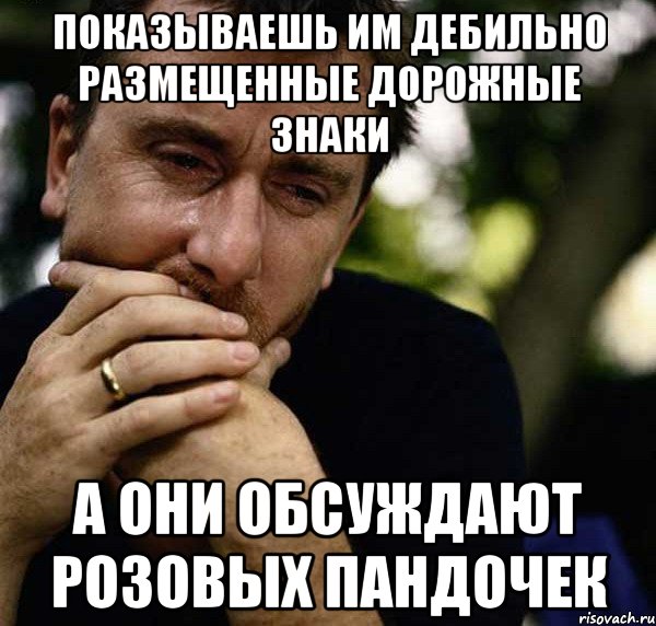 показываешь им дебильно размещенные дорожные знаки а они обсуждают розовых пандочек, Мем Мужчины тоже плачут