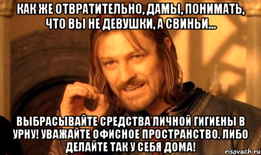 Как же отвратительно, дамы, понимать, что вы не девушки, а свиньи... Выбрасывайте средства личной гигиены в урну! Уважайте офисное пространство, либо делайте так у себя дома!, Мем Нельзя просто так взять и (Боромир мем)