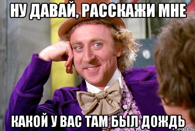 НУ ДАВАЙ, РАССКАЖИ МНЕ КАКОЙ У ВАС ТАМ БЫЛ ДОЖДЬ, Мем Ну давай расскажи (Вилли Вонка)