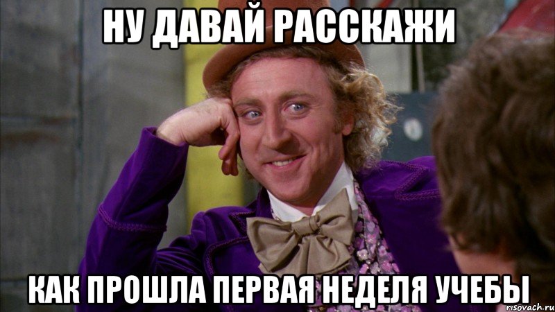 Ну давай расскажи Как прошла первая неделя учебы, Мем Ну давай расскажи (Вилли Вонка)