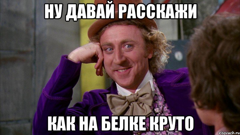Ну давай расскажи Как на белке круто, Мем Ну давай расскажи (Вилли Вонка)