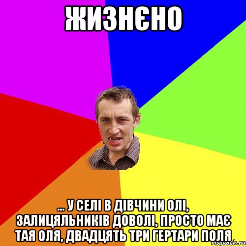 Жизнєно ... у селі в дівчини Олі, залицяльників доволі, просто має тая Оля, двадцять три гертари поля, Мем Чоткий паца