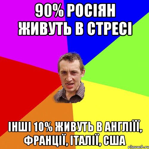 90% росіян живуть в стресі інші 10% живуть в Англіїї, Франції, італії, Сша, Мем Чоткий паца