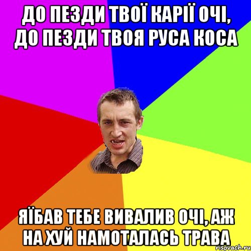 До пезди твої карії очі, до пезди твоя руса коса Яїбав тебе вивалив очі, аж на хуй намоталась трава, Мем Чоткий паца