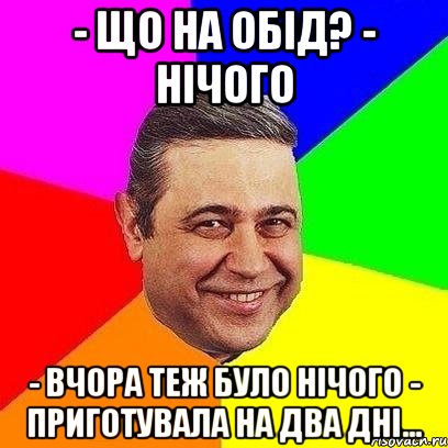 - Що на обід? - Нічого - Вчора теж було нічого - Приготувала на два дні..., Мем Петросяныч