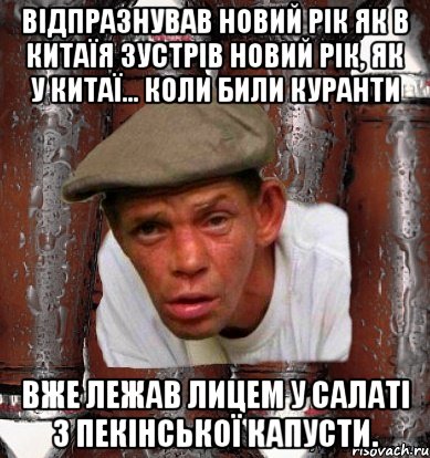 Відпразнував новий рік як в КитаїЯ зустрів Новий Рік, як у Китаї… Коли били куранти Вже лежав лицем у салаті з пекінської капусти.