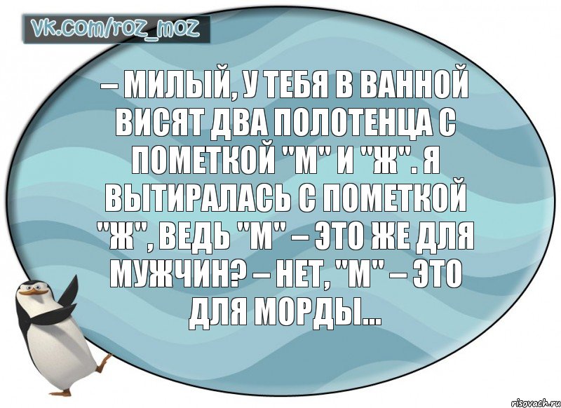 – Милый, у тебя в ванной висят два полотенца с пометкой "М" и "Ж". Я вытиралась с пометкой "Ж", ведь "М" – это же для мужчин? – Нет, "М" – это для морды..., Комикс Рассмеши Мозг D - vkcomrozmoz