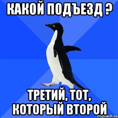 Какой подъезд ? третий, тот, который второй, Мем  Социально-неуклюжий пингвин