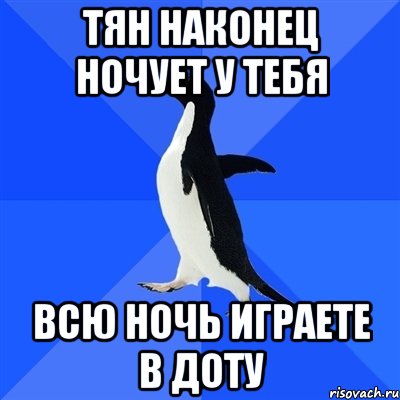 Тян наконец ночует у тебя Всю ночь играете в доту, Мем  Социально-неуклюжий пингвин