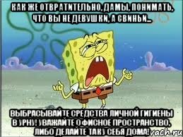 Как же отвратительно, дамы, понимать, что вы не девушки, а свиньи... Выбрасывайте средства личной гигиены в урну! Уважайте офисное пространство, либо делайте так у себя дома!, Мем Спанч Боб плачет