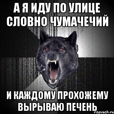 а я иду по улице словно чумачечий и каждому прохожему вырываю печень, Мем Сумасшедший волк