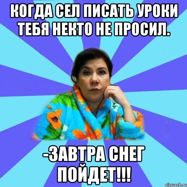 Когда сел писать уроки тебя некто не просил. -Завтра снег пойдет!!!, Мем типичная мама