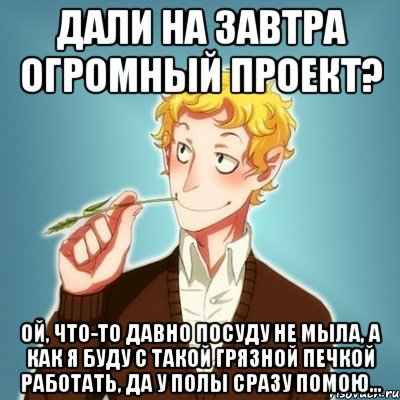 Дали на завтра огромный проект? Ой, что-то давно посуду не мыла, а как я буду с такой грязной печкой работать, да у полы сразу помою...