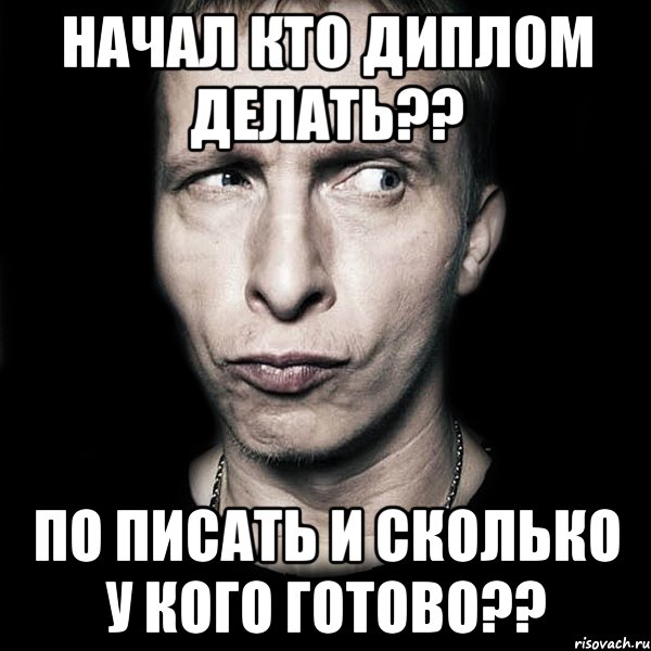 НАЧАЛ КТО ДИПЛОМ ДЕЛАТЬ?? ПО ПИСАТЬ И СКОЛЬКО У КОГО ГОТОВО??, Мем  Типичный Охлобыстин