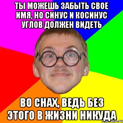 ты можешь забыть свое имя, но синус и косинус углов должен видеть во снах, ведь без этого в жизни никуда, Мем Типичный ботан