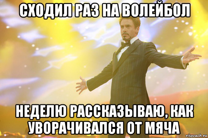 Сходил раз на волейбол неделю рассказываю, как уворачивался от мяча, Мем Тони Старк (Роберт Дауни младший)