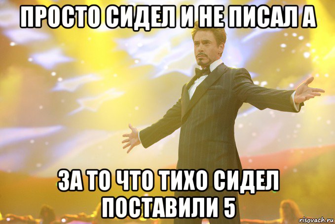 просто сидел и не писал а за то что тихо сидел поставили 5, Мем Тони Старк (Роберт Дауни младший)