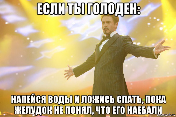 Если ты голоден: напейся воды и ложись спать, пока желудок не понял, что его наебали, Мем Тони Старк (Роберт Дауни младший)