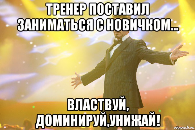 Тренер поставил заниматься с новичком... Властвуй, доминируй,унижай!, Мем Тони Старк (Роберт Дауни младший)