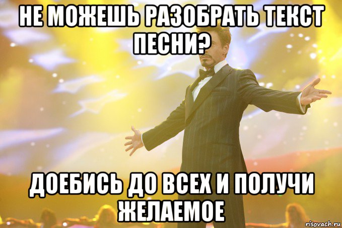 НЕ МОЖЕШЬ РАЗОБРАТЬ ТЕКСТ ПЕСНИ? ДОЕБИСЬ ДО ВСЕХ И ПОЛУЧИ ЖЕЛАЕМОЕ, Мем Тони Старк (Роберт Дауни младший)
