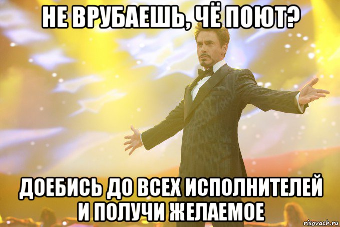 НЕ ВРУБАЕШЬ, ЧЁ ПОЮТ? ДОЕБИСЬ ДО ВСЕХ ИСПОЛНИТЕЛЕЙ И ПОЛУЧИ ЖЕЛАЕМОЕ, Мем Тони Старк (Роберт Дауни младший)