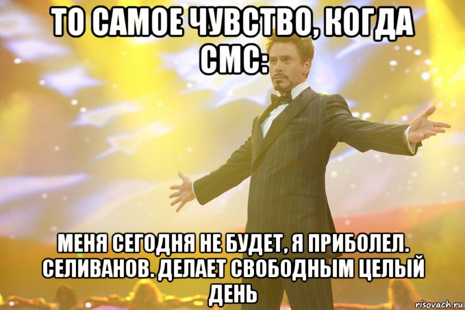 То самое чувство, когда смс: Меня сегодня не будет, я приболел. Селиванов. Делает свободным целый день, Мем Тони Старк (Роберт Дауни младший)