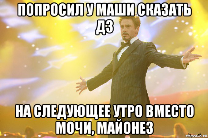 Попросил у Маши сказать дз На следующее утро вместо мочи, майонез, Мем Тони Старк (Роберт Дауни младший)