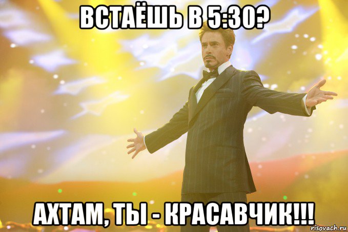 встаёшь в 5:30? ахтам, ты - красавчик!!!, Мем Тони Старк (Роберт Дауни младший)