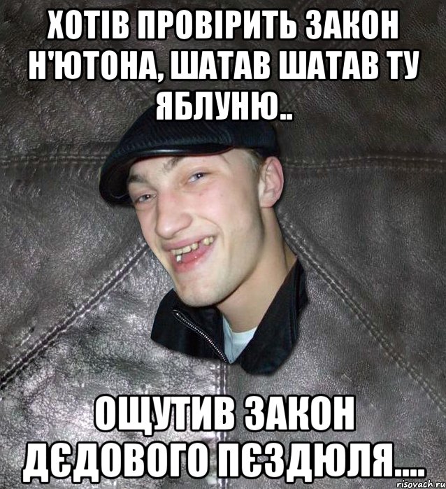 хотів провірить закон Н'ютона, шатав шатав ту яблуню.. ощутив закон дєдового пєздюля...., Мем Тут Апасна