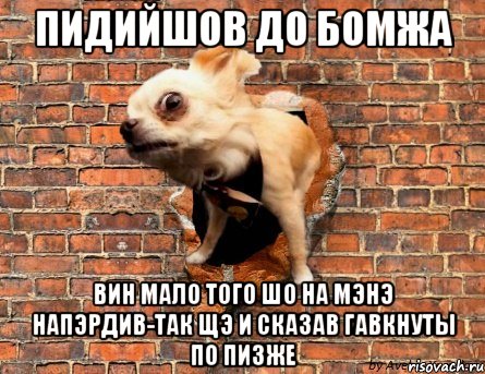 пидийшов до бомжа вин мало того шо на мэнэ напэрдив-так щэ и сказав гавкнуты по пизже