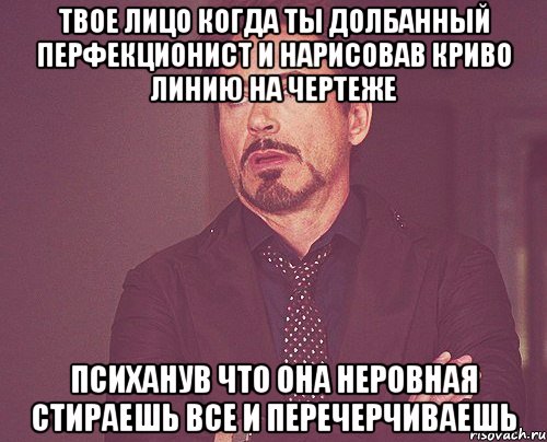 твое лицо когда ты долбанный перфекционист и нарисовав криво линию на чертеже психанув что она неровная стираешь все и перечерчиваешь, Мем твое выражение лица