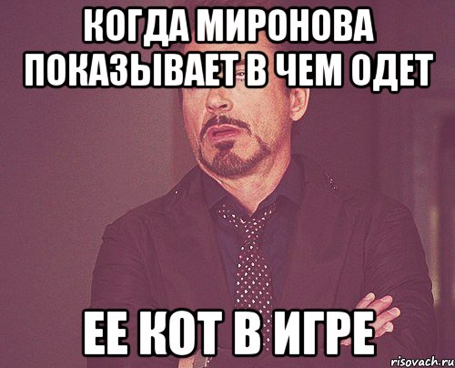 когда миронова показывает в чем одет ее кот в игре, Мем твое выражение лица
